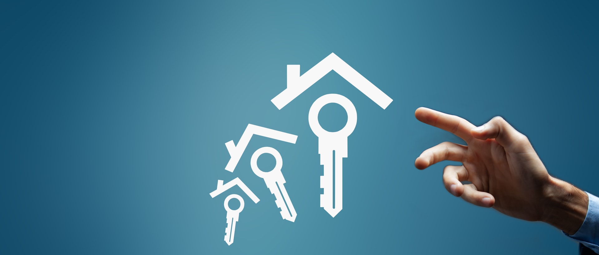 Hand reaching for house and key icons on blue background